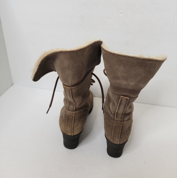 UGG Zea Brown Leather Shearling Lined Lace Up Wedge Combat Cuff Boots 7 1003360 - Picture 12 of 12